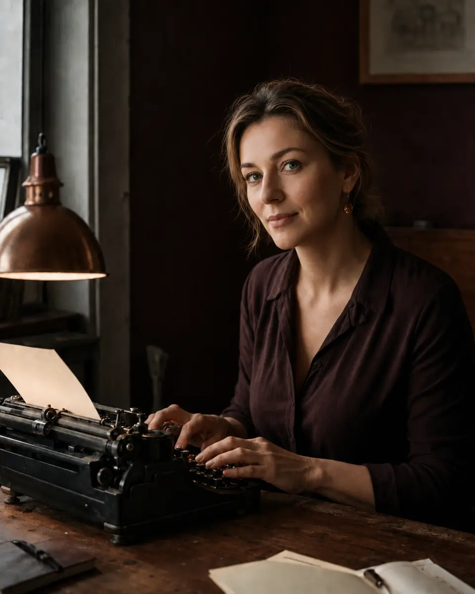 Katri Kuckelmann kirjoittamassa vanhalla kirjoituskoneella